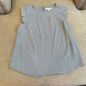 Women's Sleeveless Ruffled Blue and White Top s M Crew Neck Key Hole Back